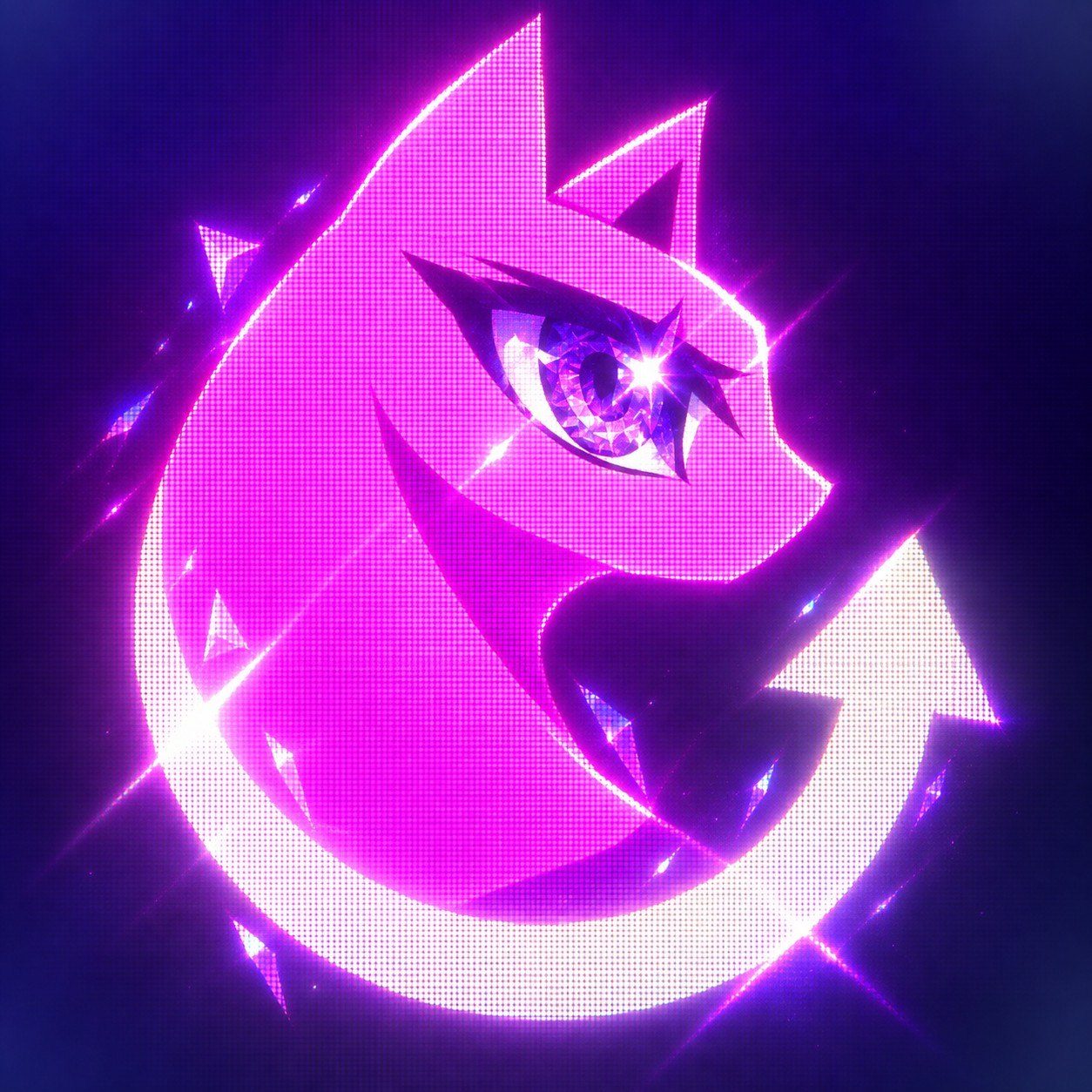 Neon magenta lunar oracle framed by a bright crescent